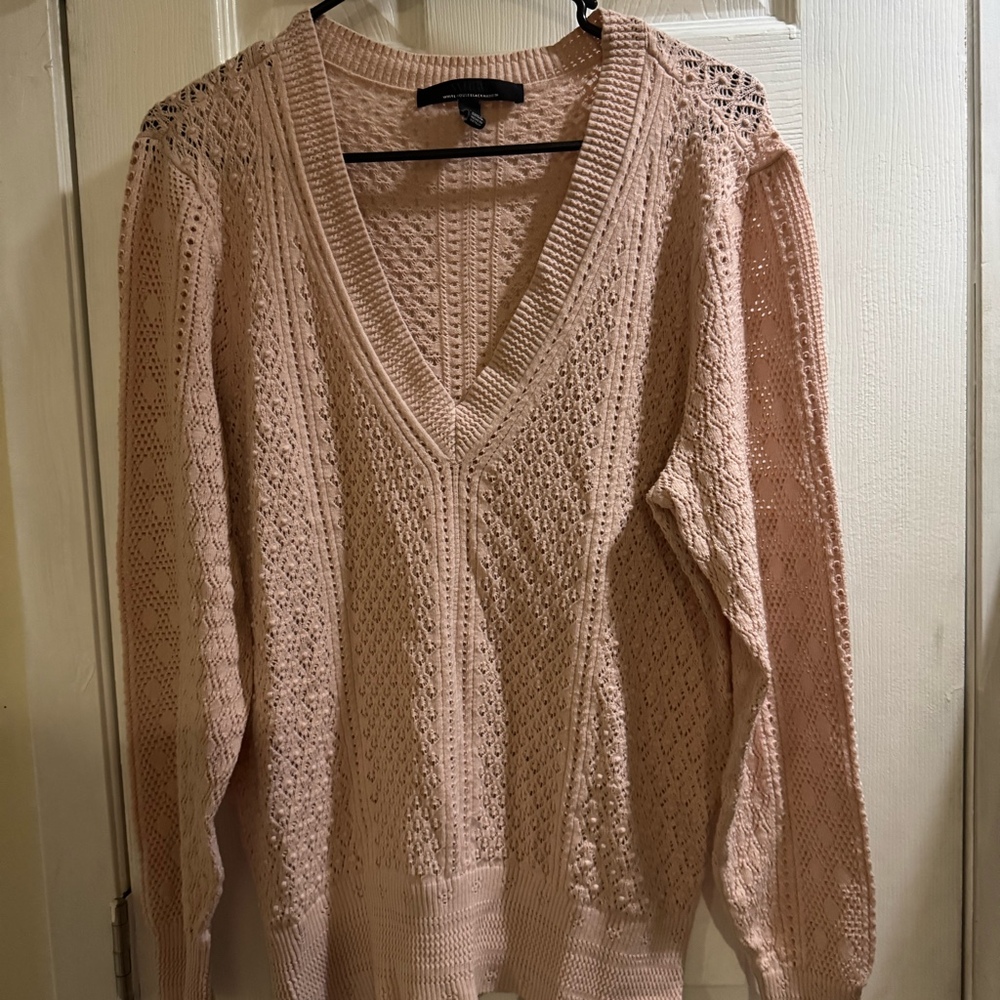 White House Black Market Women’s Pink Pointelle Knit V-Neck Sweater XL